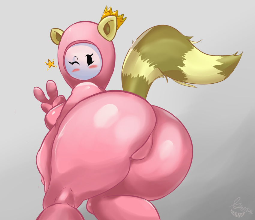 blush butt clothing crown curvy_figure ears_up fall_guys female grinn hi_res humanoid one_eye_closed queen raised_tail royalty rubber rubber_suit solo thick_thighs wide_hips wink