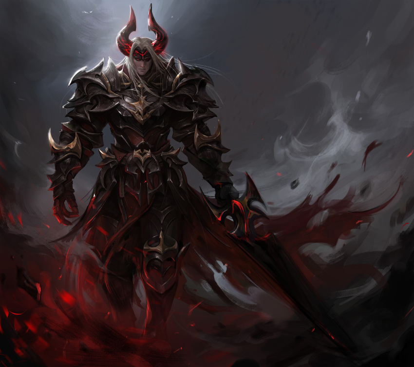 1boy absurdres armor blonde_hair breastplate cape closed_mouth dark_knight gauntlets greaves highres holding holding_sword holding_weapon horns knight long_hair male_focus no_pupils original outdoors pauldrons red_cape red_eyes shoulder_armor smoke solo sunong sword torn_cape torn_clothes vambraces waking_up walking weapon