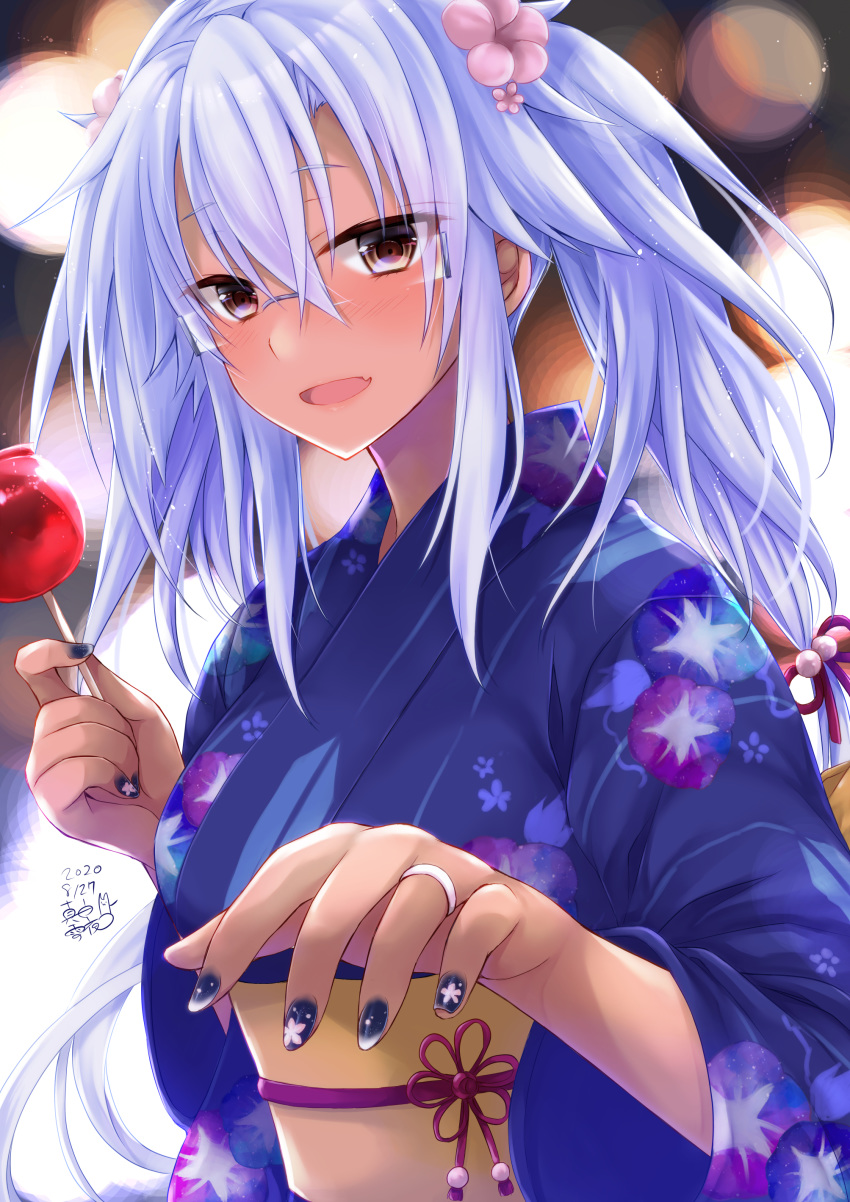 0yukiya0 1girl absurdres blue_kimono blue_nails blurry blurry_background breasts dark_skin floral_print flower glasses graphite_(medium) hair_between_eyes hair_flower hair_ornament highres japanese_clothes jewelry kantai_collection kimono large_breasts long_hair looking_at_viewer millipen_(medium) musashi_(kantai_collection) nail_polish night ring sidelocks silver_hair solo traditional_media twintails wedding_band