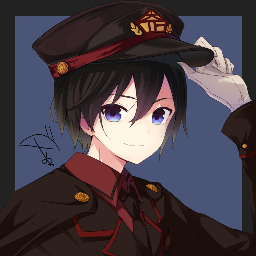 &gt;:) 1boy amagasa_nadame arm_up bangs black_background black_hair black_headwear black_jacket black_neckwear blue_background blue_eyes closed_mouth collared_shirt commentary_request eyebrows_visible_through_hair gloves hair_between_eyes hand_on_headwear hat highres jacket long_sleeves looking_at_viewer male_focus military military_uniform necktie original peaked_cap red_shirt shirt signature smile solo two-tone_background uniform upper_body v-shaped_eyebrows white_gloves