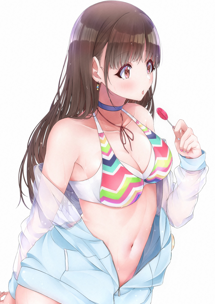 1girl :p absurdres bangs bikini bikini_top blue_choker breasts brown_hair candy choker collarbone commentary_request food highres holding holding_candy holding_food holding_lollipop idolmaster idolmaster_shiny_colors lollipop long_hair looking_away medium_breasts multicolored multicolored_bikini multicolored_clothes nail_polish navel red_eyes simple_background solo sonoda_chiyoko swimsuit tongue tongue_out tutinako white_background