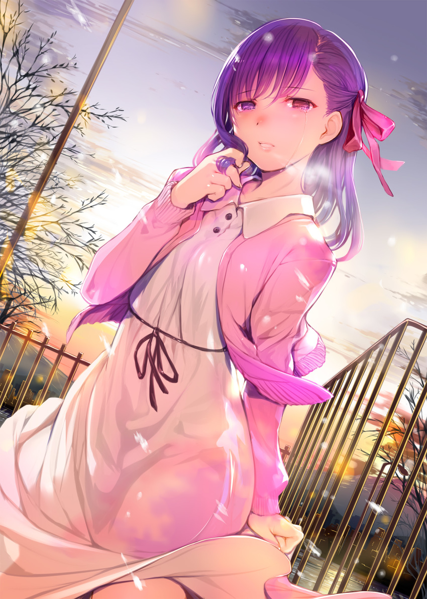1girl arm_at_side bangs bench black_ribbon blush breasts cardigan cherry_blossoms collared_dress commentary_request crying crying_with_eyes_open dress eyebrows_visible_through_hair fate/stay_night fate_(series) hair_ribbon hand_up heterochromia highres jewelry long_hair looking_at_viewer matou_sakura mikazuki_akira! outdoors parted_lips pink_cardigan pink_dress pink_eyes pink_ribbon purple_eyes purple_hair red_eyes ribbon ring sky solo tears tree