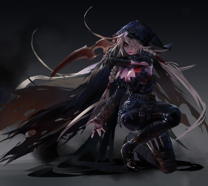 absurdres belt belt_buckle blonde_hair blood bloody_weapon boots braid breasts buckle chain cleavage cloak clock dagger dungeon_and_fighter fingerless_gloves floral_print flower gloves hair_over_one_eye highres holding holding_weapon hood hooded_cloak knife large_breasts leather leather_boots leather_pants long_hair pants red_eyes rose rose_print shadow_dancer_(dungeon_and_fighter) spikes thief_(dungeon_and_fighter) thigh_boots thighhighs torn_clothes twin_braids very_long_hair weapon