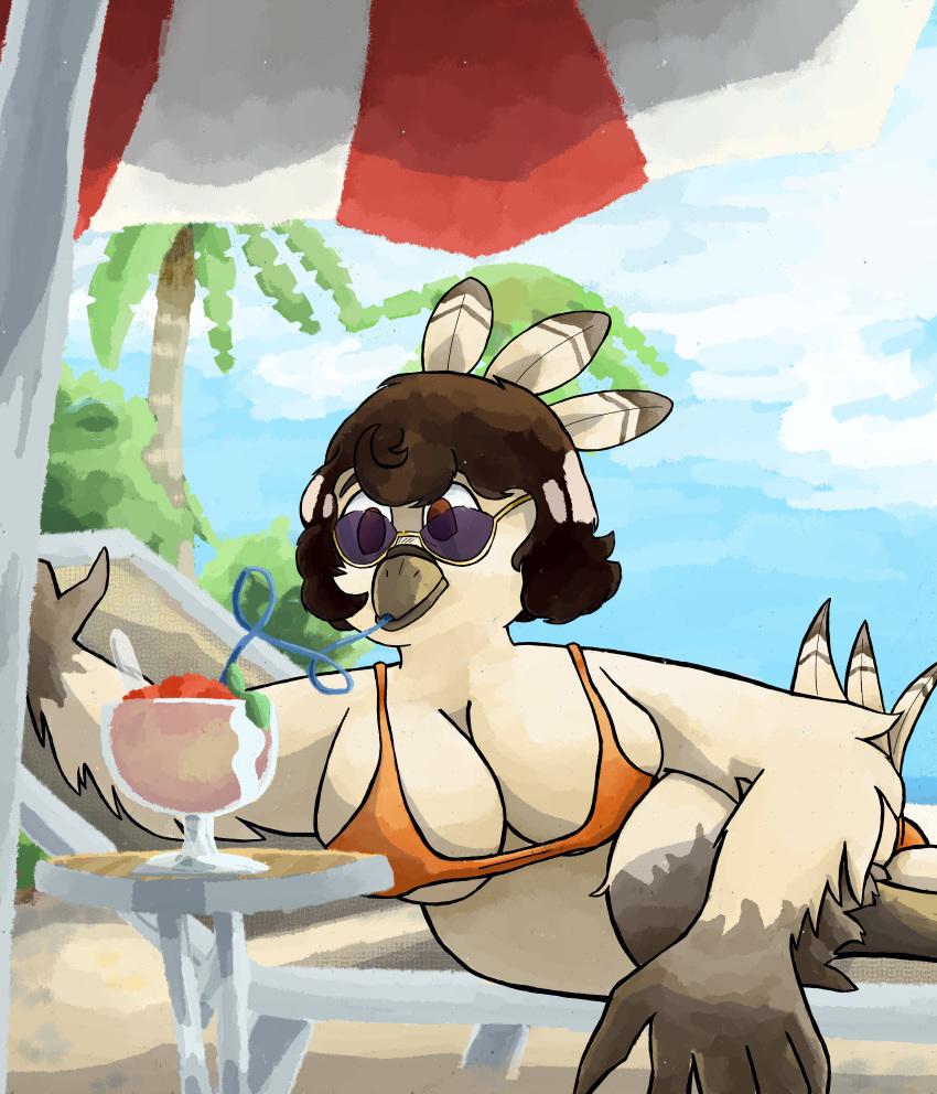 absurd_res anthro avian beach beach_chair beach_umbrella big_breasts bikini bird breasts brown_eyes clothing eyewear feathers female gallardo galliform hi_res pavita_pechugona peak phasianid seaside slushie solo straw sunglasses swimwear turkey