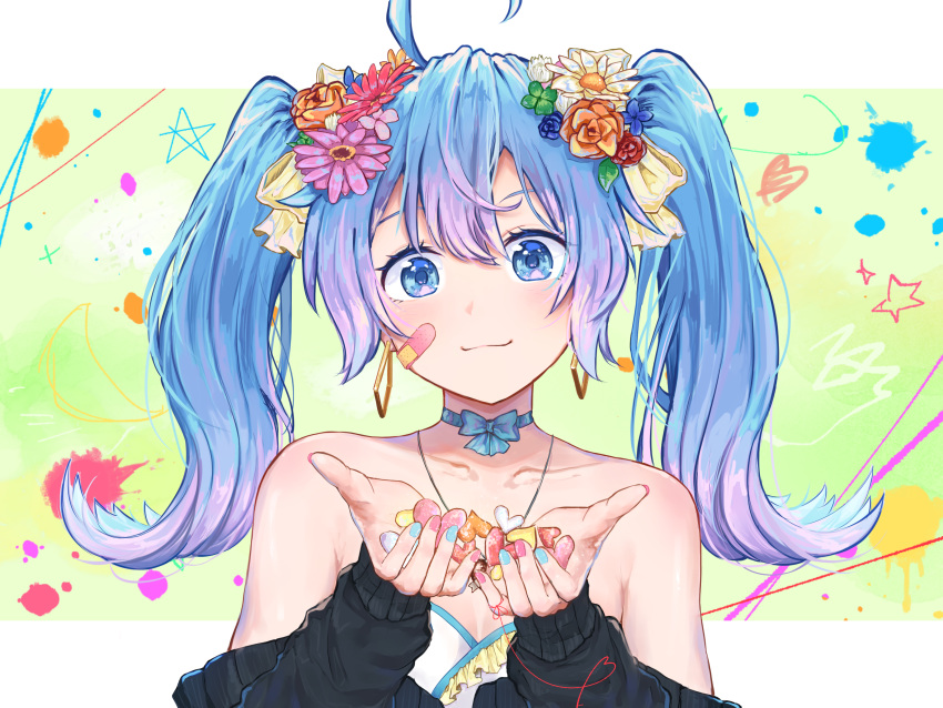 1girl absurdres ai_kotoba_iii_(vocaloid) alternate_hair_length alternate_hairstyle bandaid bandaid_on_face blue_eyes blue_hair bow candy flower food hair_bow hair_flower hair_ornament hatsune_miku highres holding holding_candy holding_food looking_at_viewer solo twintails vocaloid yellow_bow yuzuha_wasa