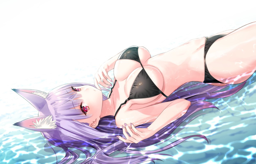 aliasing animal_ears ass bikini breasts cleavage foxgirl kamishiro_natsume long_hair melty+ purple_hair red_eyes swimsuit underboob water yasuyuki