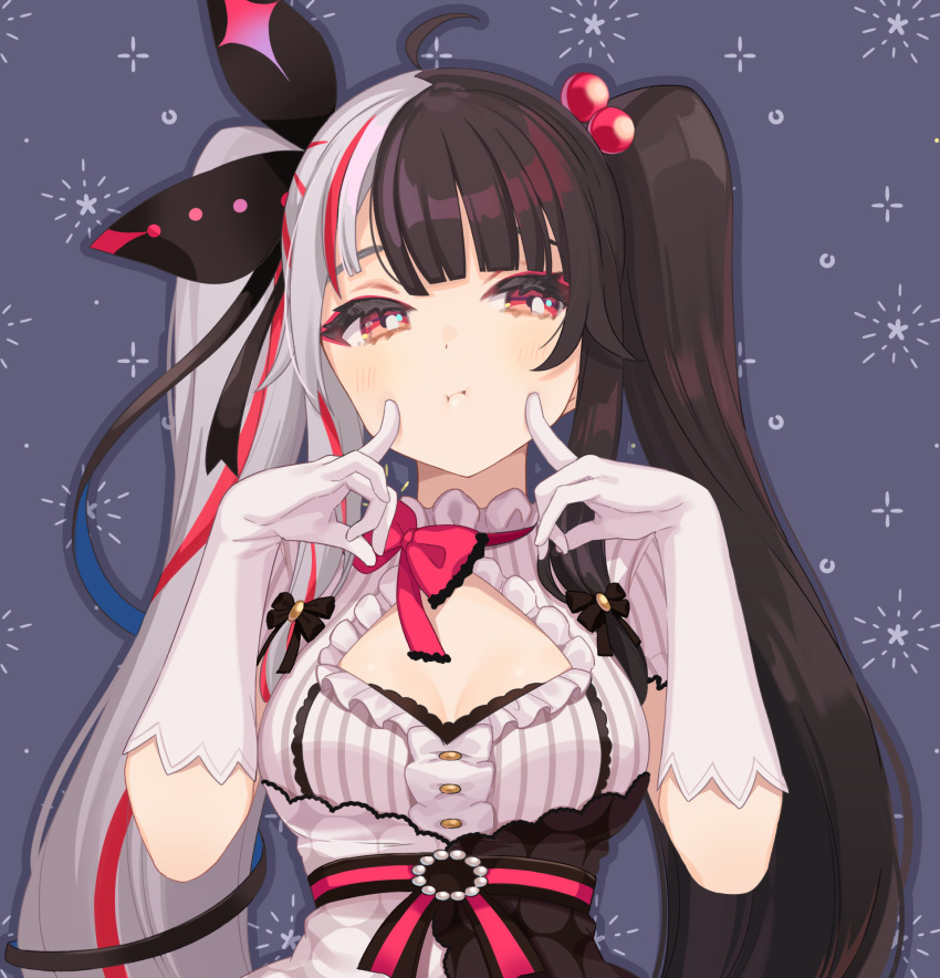 1girl :i ahoge black_hair blue_background blush bow bowtie breasts center_opening cheek_poking cleavage closed_mouth dress elbow_gloves eyelashes frilled_dress frills gloves hair_bobbles hair_ornament hair_ribbon highres long_hair looking_at_viewer medium_breasts multicolored_hair nijisanji outline patterned_background pink_neckwear poking puffy_cheeks red_eyes red_hair ribbon shigure_ui silver_hair simple_background solo streaked_hair twintails upper_body virtual_youtuber white_dress white_gloves yorumi_rena