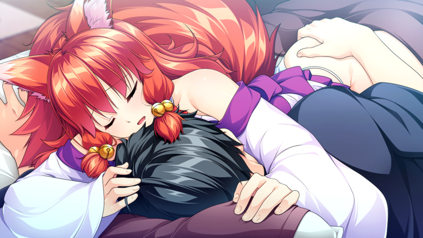 2boys animal_ear_fluff animal_ears aogiri_penta bangs bare_shoulders bed bell black_clothes black_hair blanket closed_eyes cuddling drooling eyebrows eyebrows_visible_through_hair fox_boy fox_ears fox_tail fundoshi game_cg hair_bell hair_ornament hand_on_another's_ass hand_on_another's_head hand_on_ass hug japanese_clothes jingle_bell josou_jinja long_hair long_sleeves lying lying_on_person male_focus masato_(josou_jinja) mouth_drool multiple_boys on_bed on_side open_mouth otoko_no_ko panties pillow red_hair red_tail rokushaku_fundoshi rug short_hair skirt skirt_lift tail underwear white_panties wide_sleeves yaoi yui_(josou_jinja)