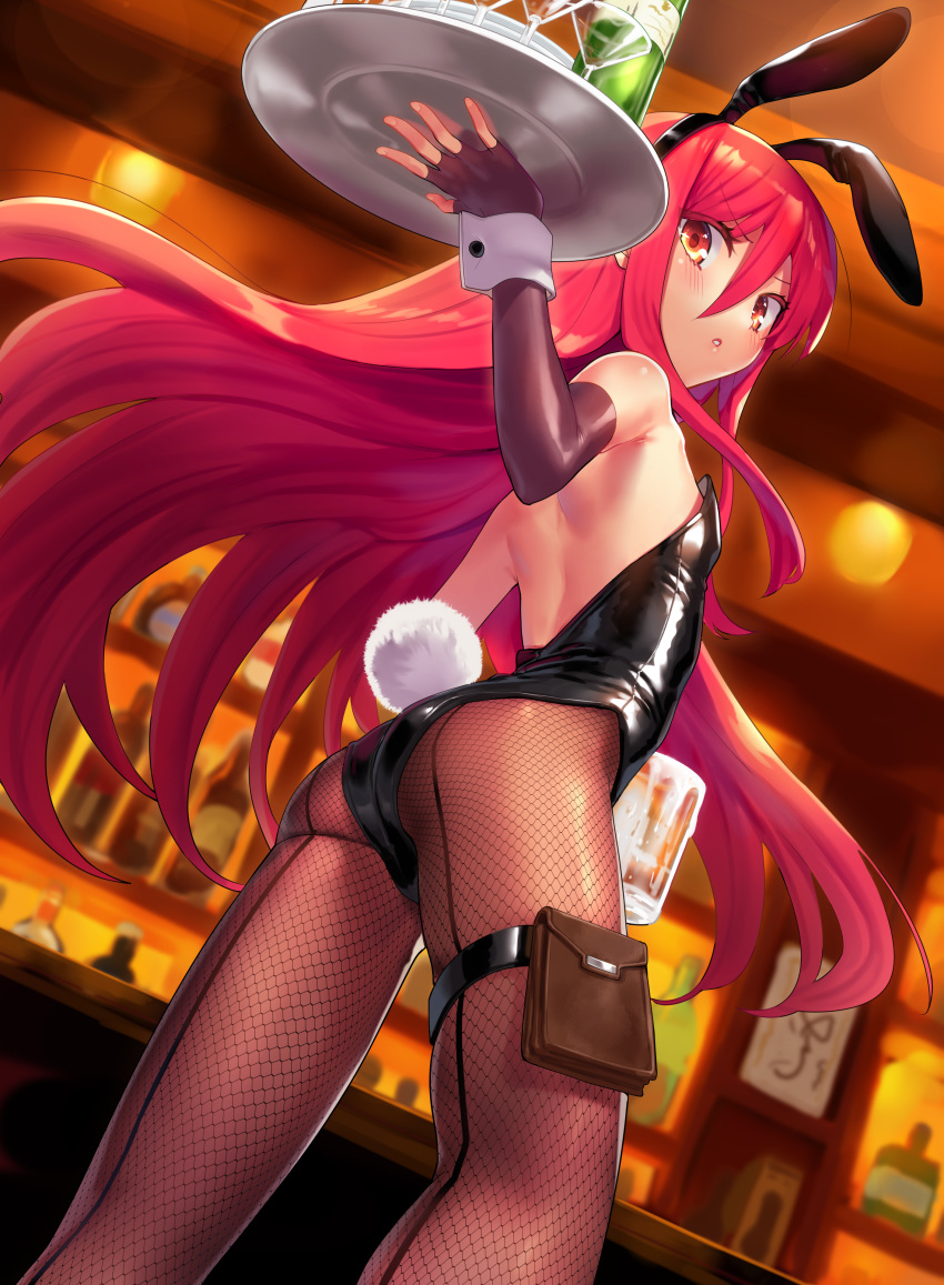 1girl absurdres alcohol animal_ears bar bare_shoulders beer_mug blush bottle bunny_ears bunny_girl bunny_tail bunnysuit cocktail_glass cup drinking_glass elbow_gloves fake_animal_ears fingerless_gloves fishnet_legwear fishnets flat_chest from_below from_side gloves highres leg_strap leotard long_hair looking_back mug ohlia orange_eyes parted_lips pouch red_hair shakugan_no_shana shana solo strapless strapless_leotard tail tray wine_bottle wine_glass wrist_cuffs