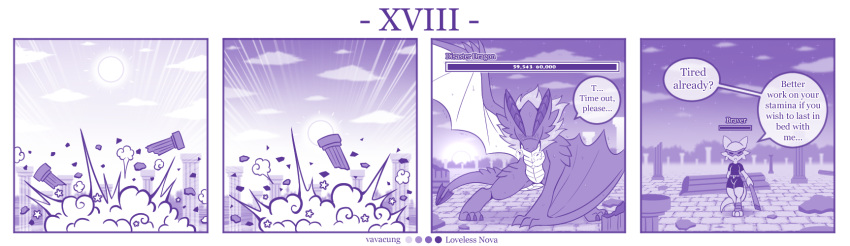 4koma ambiguous_gender anthro braver_(character) clothing comic dialogue dragon duo english_text feral hi_res kobold mask monochrome purple_theme text vavacung
