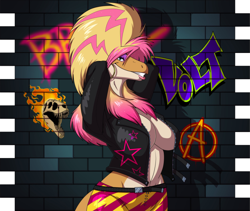 2020 big_breasts black_jacket blonde_hair bottomwear breasts cleavage clothed clothing digital_media_(artwork) dinosaur dorri_lawless dromaeosaurid ear_piercing ear_ring female graffiti grin hair hands_behind_head hoop_earrings jacket long_hair looking_at_viewer lordstevie midriff multicolored_hair open_clothing open_jacket open_topwear pants piercing pink_hair portrait raised_arm reptile scalie side_view simple_background smile solo tan_body teeth theropod three-quarter_portrait topwear two_tone_hair