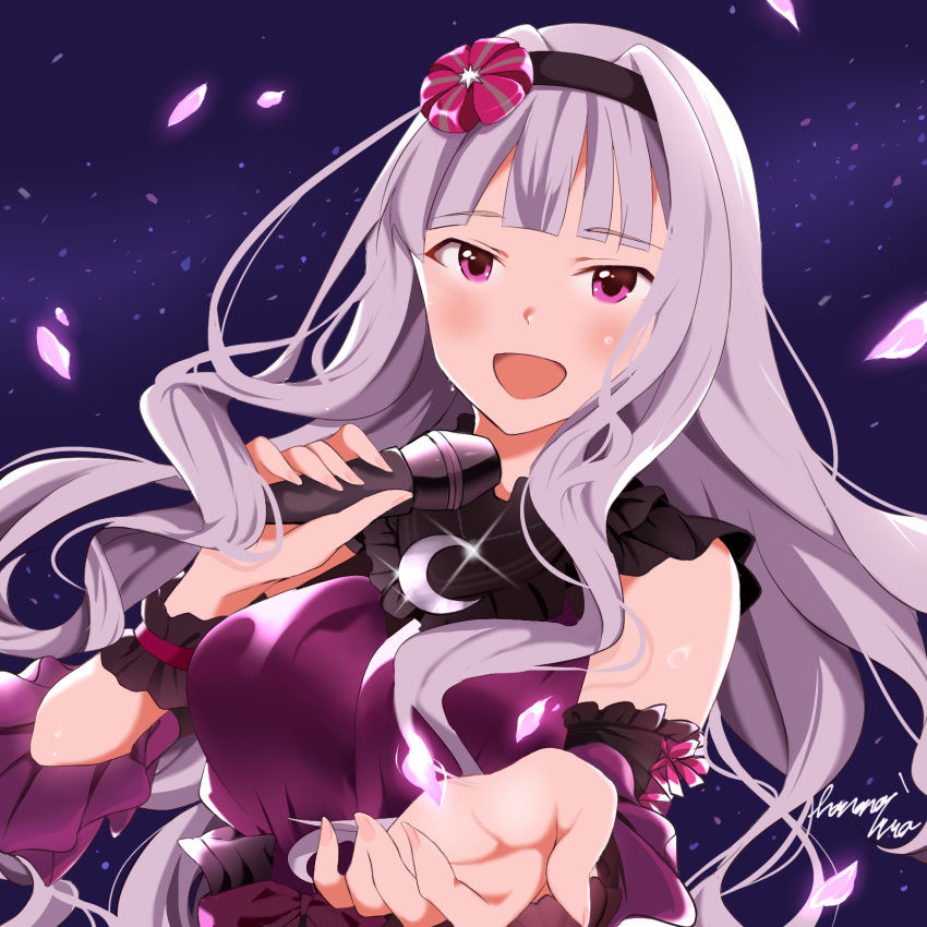 1girl :d black_hairband blush breasts commentary_request detached_sleeves dress fingernails hair_ornament hairband hanawi_nova highres holding holding_microphone idolmaster idolmaster_million_live! idolmaster_million_live!_theater_days large_breasts long_fingernails long_hair looking_at_viewer microphone open_mouth petals purple_dress purple_eyes purple_sleeves shijou_takane silver_hair sleeveless sleeveless_dress smile solo upper_body