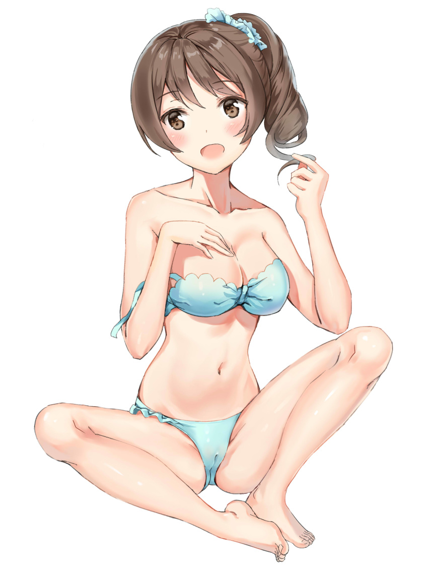 1girl :d absurdres bare_shoulders barefoot blue_bra blue_panties blue_scrunchie blush bra breasts brown_eyes brown_hair cameltoe collarbone commentary_request drill_hair eyebrows_visible_through_hair frilled_panties frills hair_ornament hair_scrunchie hand_in_hair head_tilt highres legs_up looking_at_viewer medium_breasts navel open_mouth original panties scrunchie short_hair side_drill side_ponytail simple_background sitting smile solo splendour spread_legs strap_slip underwear underwear_only white_background