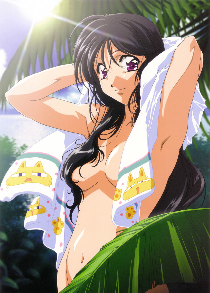 90s ahoge animal_print armpits arms_behind_head black_hair breasts cat cat_print cloud convenient_censoring day hair_censor hair_over_one_breast highres kobayakawa_miyuki leaf long_hair looking_at_viewer medium_breasts nakajima_atsuko navel nude outdoors palm_tree print_towel purple_eyes sky smile solo towel tree water white_towel you're_under_arrest