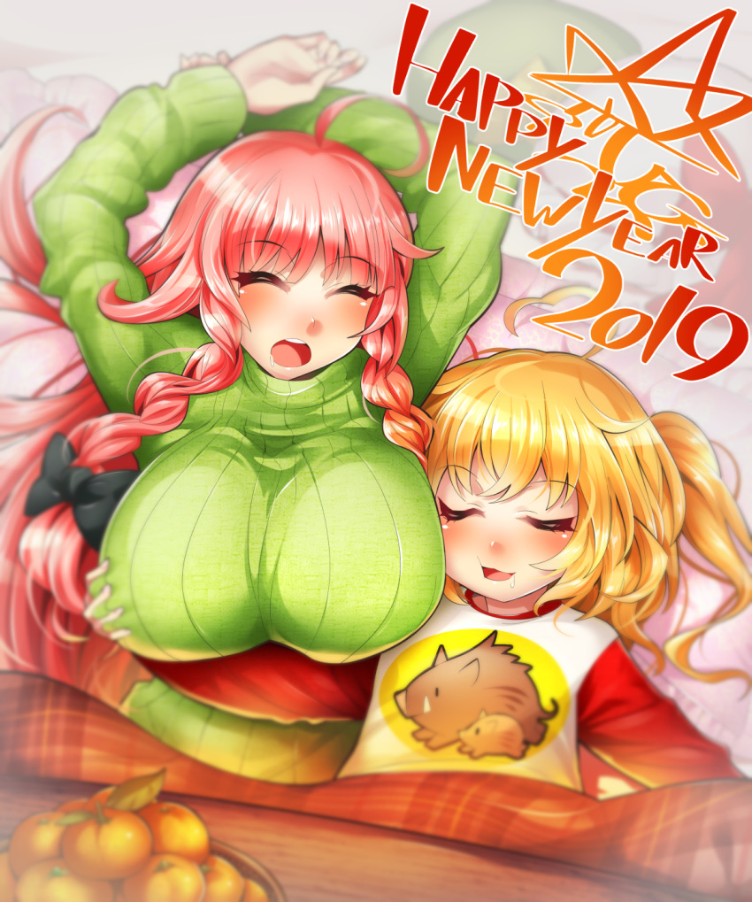 2019 2girls ahoge alternate_costume bangs black_bow blonde_hair blurry blush boar bow braid breast_grab breasts commentary_request drooling eyebrows_visible_through_hair eyes_closed flandre_scarlet food fruit grabbing green_hat green_sweater hair_bow happy_new_year hat hat_removed headwear_removed highres hong_meiling huge_breasts kotatsu long_hair long_sleeves lying mandarin_orange multiple_girls new_year on_back one_side_up open_mouth red_hair shirt sleeping sweater table touhou turtleneck turtleneck_sweater twin_braids umigarasu_(kitsune1963) upper_body very_long_hair