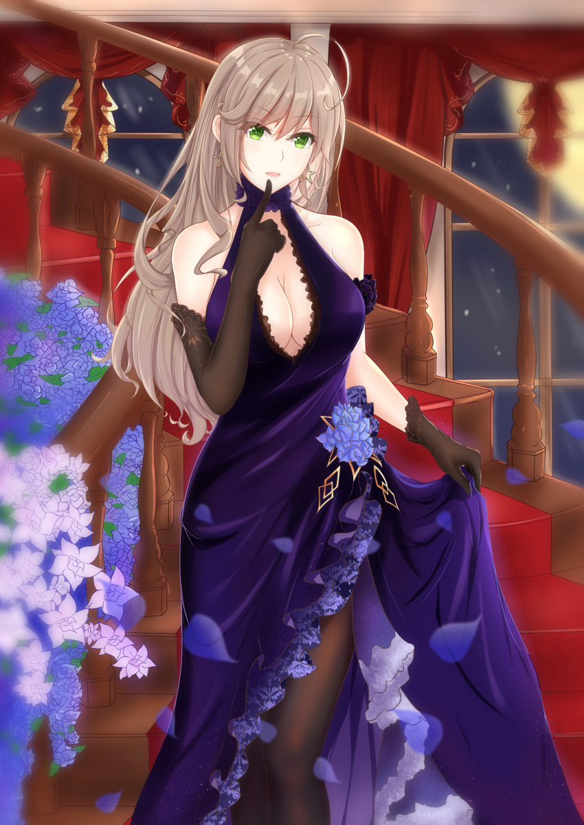 1girl absurdres ahoge asymmetrical_gloves bare_shoulders black_gloves black_legwear blonde_hair blue_dress blurry_vision breasts cleavage dress dress_flower dress_lift earrings eyebrows_visible_through_hair finger_to_mouth flower gloves green_eyes highres hiroshi_(2443303124) jewelry long_hair looking_at_viewer medium_breasts missouri_(warship_girls_r) open_mouth pantyhose simple_background solo stairs star_(symbol) star_earrings warship_girls_r
