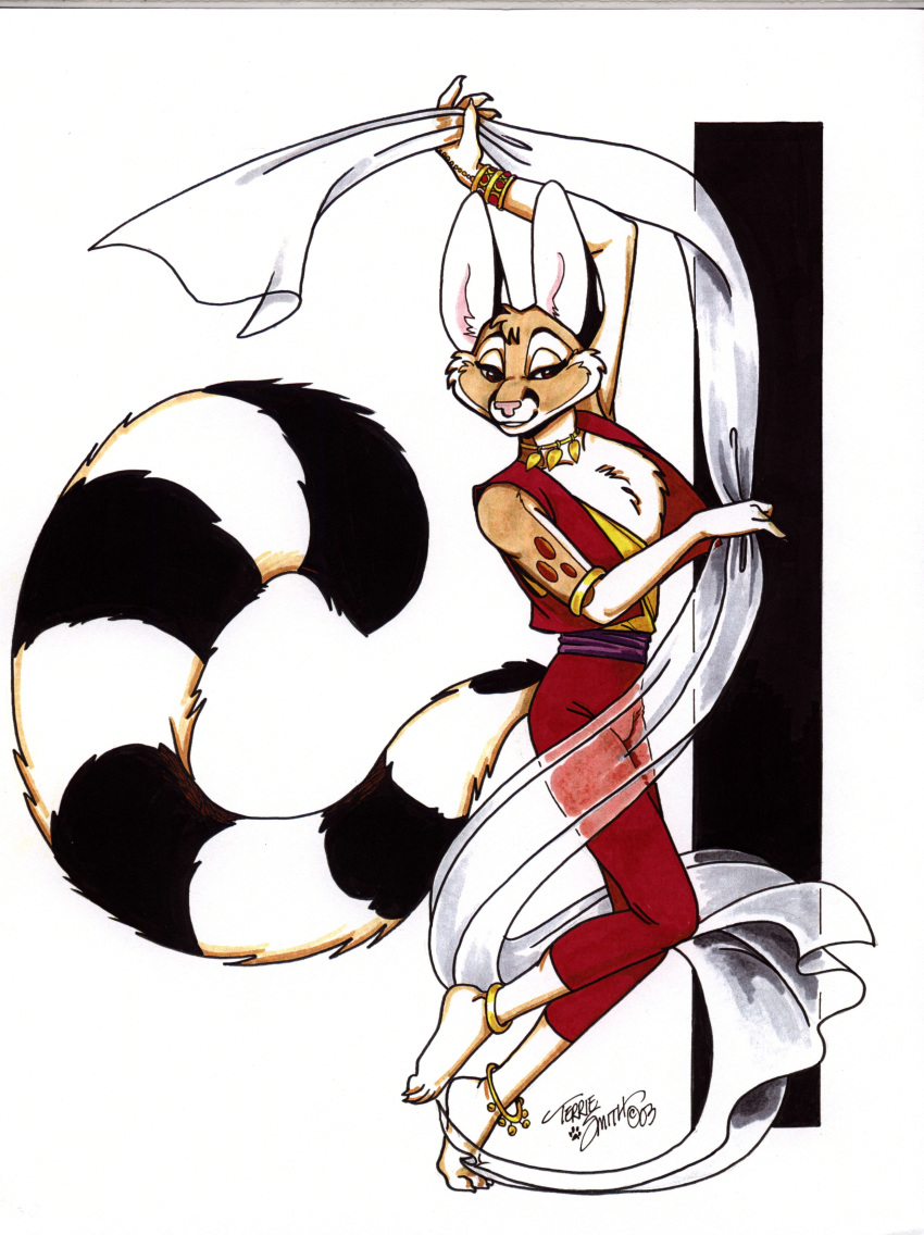 absurd_res anklet anthro bracelet cacomistle chester_ringtail_magreer clothed clothing dancing fluffy fluffy_tail fur hi_res jewelry male mammal necklet procyonid ringtail solo terrie_smith traditional_media_(artwork) veil