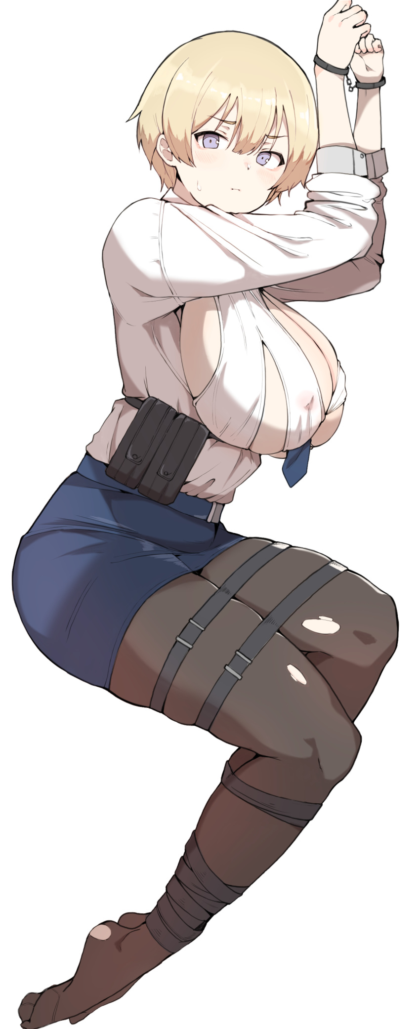 1girl absurdres ammunition_pouch arms_up bangs belt black_legwear blonde_hair blue_belt blue_skirt bound breasts cleavage closed_mouth covered_mouth cuffs curvy girls_frontline grey_eyes hair_between_eyes handcuffs highres large_breasts miniskirt pantyhose pouch s10021 shirt shirt_tucked_in short_hair skirt snap-fit_buckle sweatdrop taut_skirt thigh_strap tied_up torn_clothes torn_legwear vsk-94_(girls_frontline) white_background white_shirt