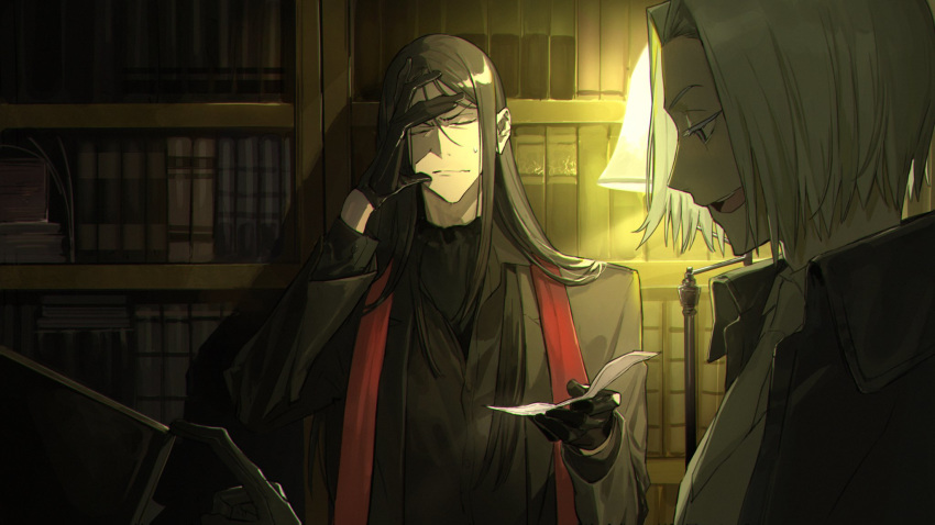 2boys black_clothes black_hair book business_suit closed_eyes fate/grand_order fate_(series) formal highres holding holding_book itefu lamp long_hair long_sleeves lord_el-melloi_ii lord_el-melloi_ii_case_files male_focus melvin_weins multiple_boys open_mouth suit sweat waver_velvet