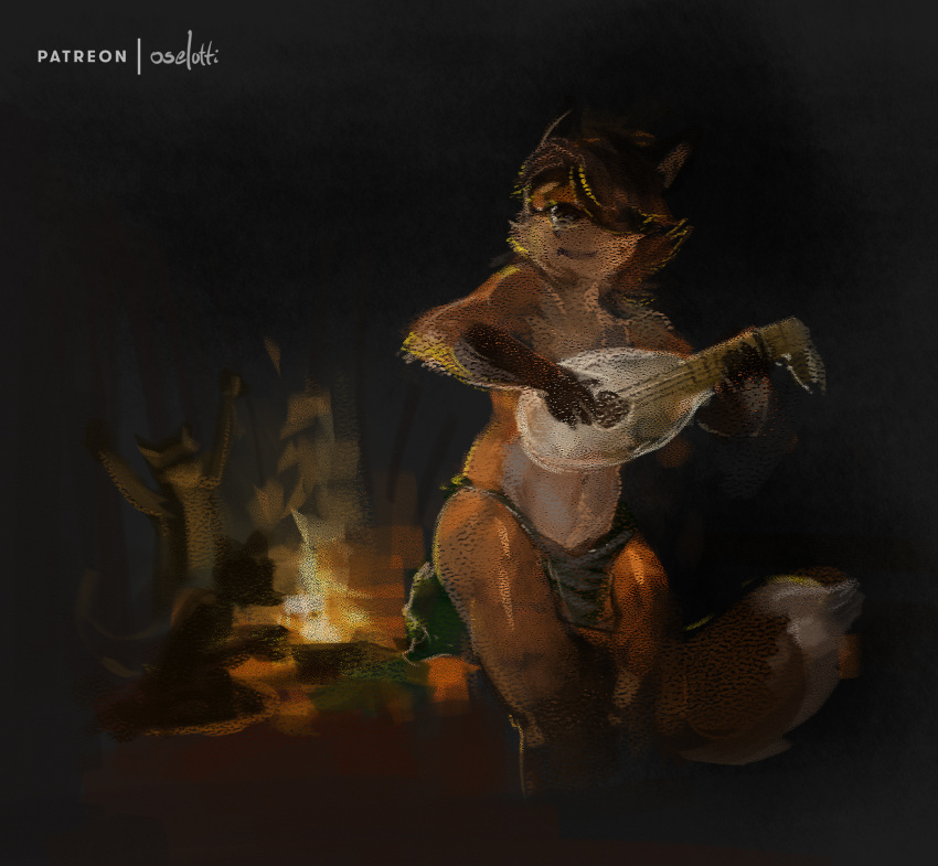 alfred_(umpherio) anthro bard camping canid canine clothing dancing fox hi_res loincloth male mammal navel oselotti outside playing playing_music solo tribal