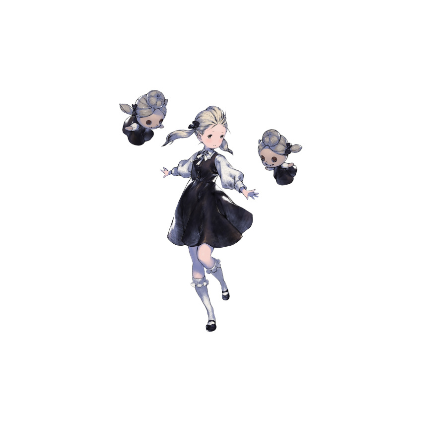 1girl bangs_pinned_back black_dress black_ribbon blush_stickers character_doll character_request dress flat_chest forehead full_body hair_ribbon highres long_hair long_sleeves mary_janes nier_(series) nier_reincarnation official_art puffy_long_sleeves puffy_sleeves ribbon shirt shoes socks solo_focus twintails white_girl white_legwear white_shirt yoshida_akihiko