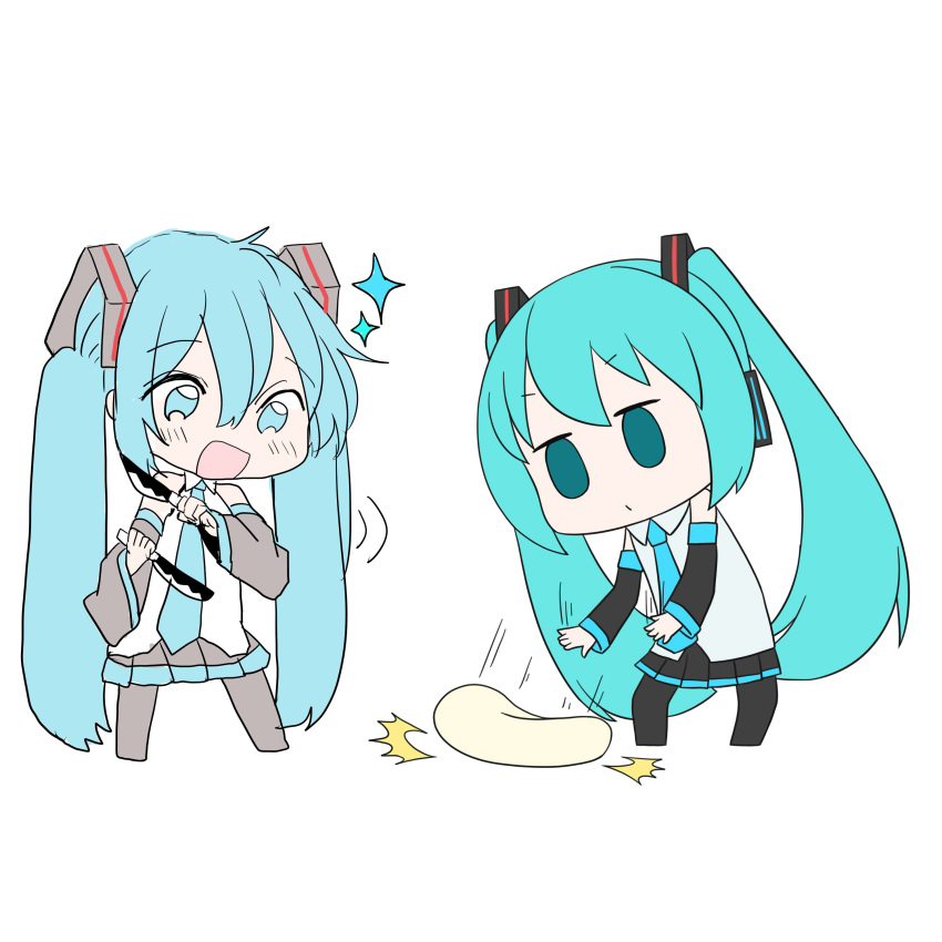 2girls absurdres aqua_eyes aqua_hair aqua_neckwear bare_shoulders black_legwear black_skirt black_sleeves chibi collaboration detached_sleeves dough dual_persona dual_wielding empty_eyes full_body hair_ornament hatsune_miku headphones highres holding knife long_hair miniskirt multiple_girls necktie open_mouth pleated_skirt shirt skirt sleeveless sleeveless_shirt smile sparkle thighhighs throwing twintails very_long_hair vocaloid white_background white_shirt xxxx_saki yuta1147