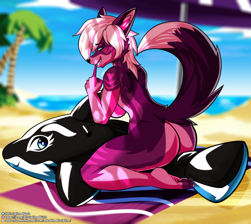 absurd_res anthro artofthediscipline beach butt canid canine canis cetacean delphinoid female fur hi_res inflatable looking_at_viewer mammal marine oceanic_dolphin orca pool_toy riding_toy seaside smile solo toothed_whale wolf