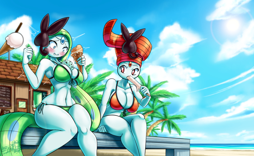 anthro beach belly big_breasts bikini bikini_bottom bikini_top blue_eyes blush breasts cleavage clothed clothing curvaceous curvy_figure dessert duo female food hi_res ice_cream latiar legendary_pok&eacute;mon meloetta meloetta_(aria_form) meloetta_(pirouette_form) nintendo open_mouth outside panic pok&eacute;mon pok&eacute;mon_(species) pok&eacute;morph popsicle red_eyes seaside skimpy swimwear video_games voluptuous wide_hips