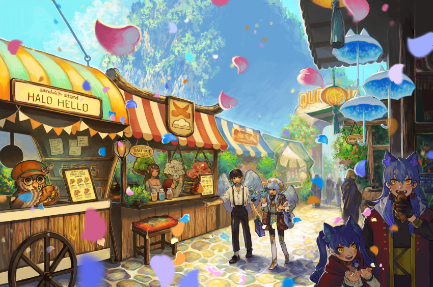3boys 4girls absurdres animal_ears barrel bench bird blue_hair bottle brown_gloves character_request chouette_(pixiv_fantasia_age_of_starlight) day eating food_stand gloves highres huge_filesize multiple_boys multiple_girls nigoi_(pixiv_fantasia_age_of_starlight) outdoors owl petals pixiv_fantasia pixiv_fantasia_age_of_starlight saku_violetbleu shirt standing striped sumika_inagaki suspenders suzu_violetbleu twintails umbrella wheel white_shirt wings yamame_(pixiv_fantasia_age_of_starlight)