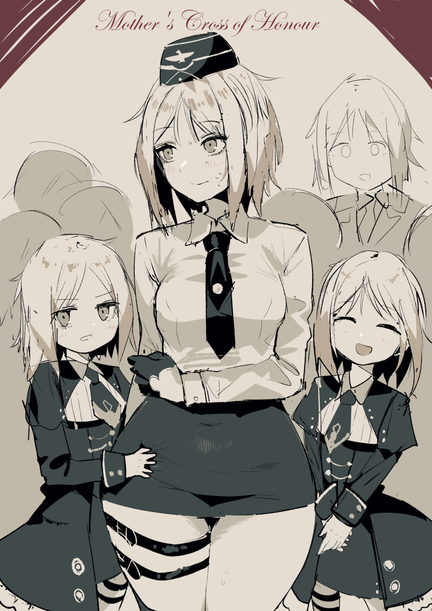 4girls :d :o akitaka_takaaki child english_text girls_frontline hat highres looking_at_viewer looking_to_the_side m200_(girls_frontline) military military_hat military_uniform mp40_(girls_frontline) multiple_girls necktie open_mouth smile sweat sweating_profusely uniform wide_hips