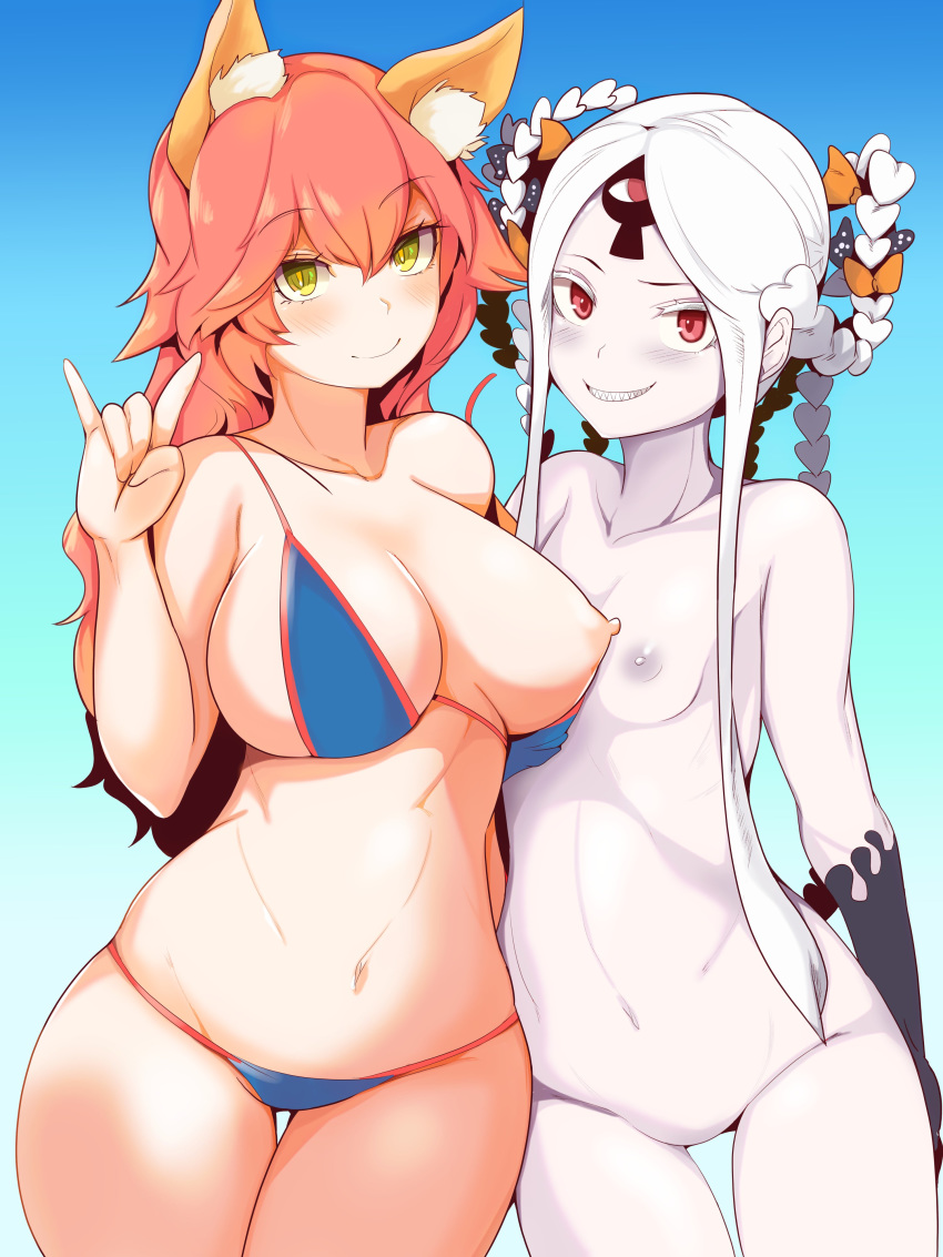 2girls abigail_williams_(fate/grand_order) abigail_williams_(swimsuit_foreigner)_(fate) absurdres animal_ear_fluff animal_ears bikini blue_bikini blush bow breasts clenched_teeth closed_mouth collarbone eyebrows_visible_through_hair fate/grand_order fate_(series) fox_ears fox_shadow_puppet grey_nipples hair_bow hand_up hekiga_(freelot) highres large_breasts long_hair looking_at_viewer multiple_girls navel nipples nude one_breast_out orange_bow pale_skin pink_hair red_eyes sharp_teeth small_breasts smile swimsuit tamamo_(fate)_(all) tamamo_no_mae_(swimsuit_lancer)_(fate) teeth white_hair yellow_eyes