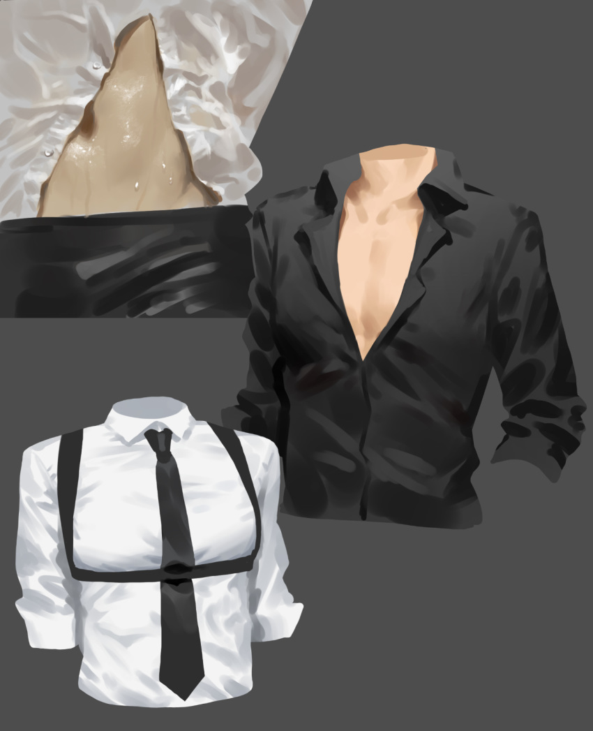 abs belt black_shirt chest chest_harness collar cropped_legs formal grey_background highres male_focus mannequin navel necktie open_clothes open_shirt original segu_ishida shirt simple_background tagme wet wet_clothes white_shirt