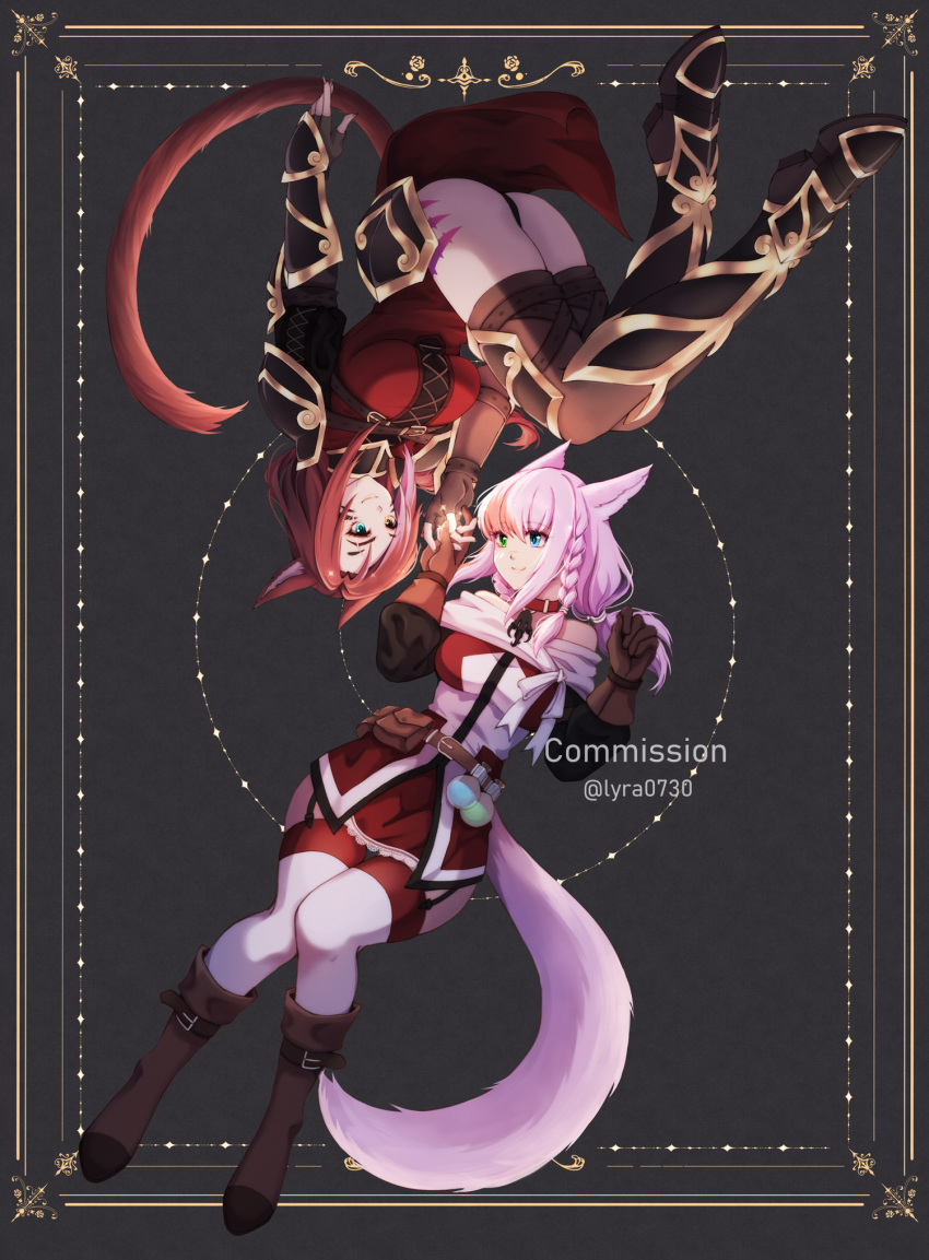 2girls animal_ears armor armored_boots bangs belt boots braid breasts brown_hair cat_ears cat_tail collar commission facial_mark final_fantasy final_fantasy_xiv fingerless_gloves garter_straps gauntlets gloves heterochromia highres hip_armor holding_hands long_hair looking_at_another lyra-kotto medium_breasts miqo'te multiple_girls pink_hair short_hair shoulder_armor smile tail tattoo thighhighs