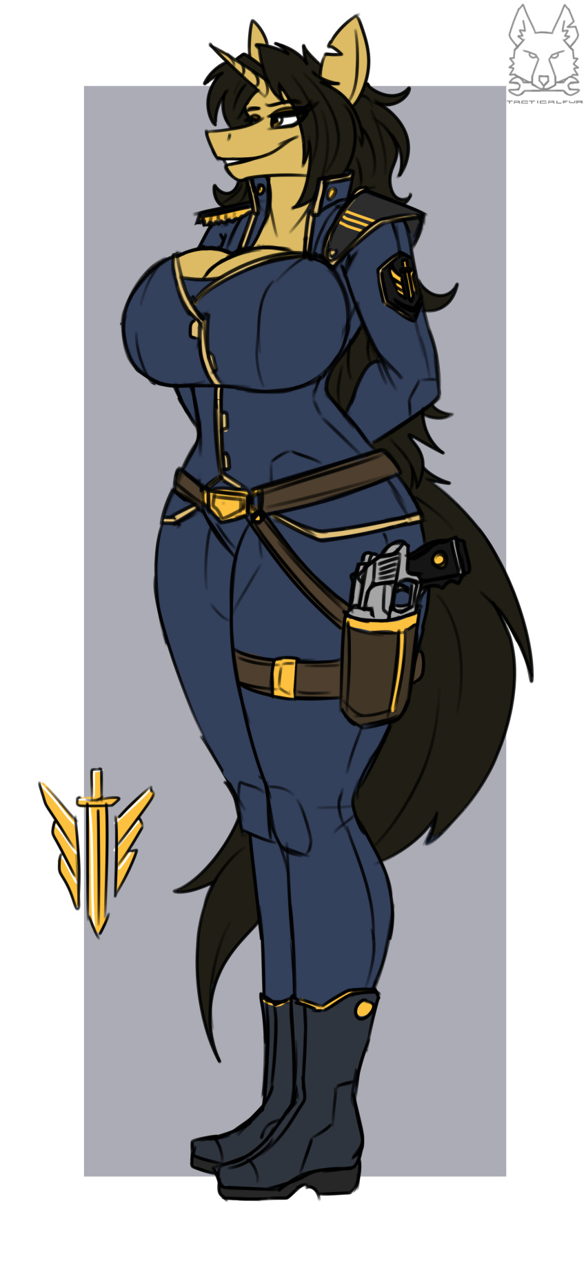 9:19.5 absurd_res amber_steel belt big_breasts black_hair boots breasts brown_eyes cleavage clothed clothing equid equine footwear gun hair handgun hi_res holster horn long_hair mammal metalfoxxx notched_ear pistol pose ranged_weapon solo unicorn weapon