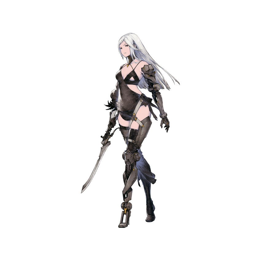 1girl asymmetrical_clothes bangs black_footwear black_gloves boots breasts character_request detached_sleeves feather-trimmed_sleeves full_body gloves gorget high_heel_boots high_heels highres holding holding_sword holding_weapon long_hair long_legs looking_at_viewer mechanical_arm mechanical_leg mechanical_parts medium_breasts nier_(series) nier_reincarnation official_art prosthesis prosthetic_arm prosthetic_leg short_sword silver_hair single_detached_sleeve single_glove single_thigh_boot solo spaghetti_strap stiletto_heels straight_hair swept_bangs sword underboob weapon white_background yoshida_akihiko