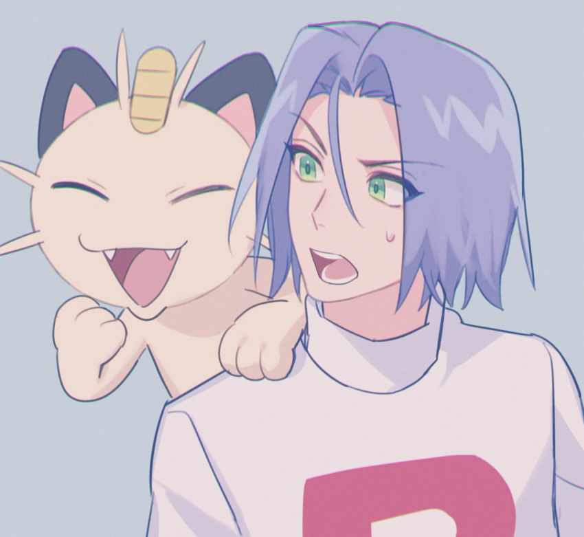 1boy bangs commentary_request eyebrows_visible_through_hair gen_1_pokemon gi_xxy green_eyes hair_between_eyes kojirou_(pokemon) looking_to_the_side meowth open_mouth pokemon pokemon_(anime) pokemon_(creature) pokemon_on_back purple_hair simple_background sweatdrop team_rocket team_rocket_uniform teeth tongue turtleneck