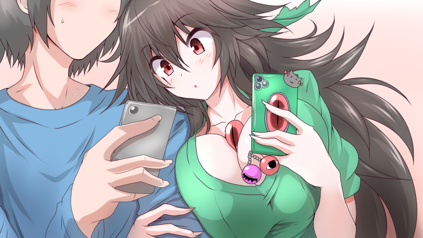1boy 1girl bangs black_hair blush breast_press breasts brown_hair casual cellphone cleavage collarbone commentary_request contemporary eyebrows_visible_through_hair g_(desukingu) hair_between_eyes hands_up highres holding holding_phone huge_breasts leaning_on_person leaning_to_the_side locked_arms long_hair looking_at_another looking_at_object looking_at_phone phone red_eyes reiuji_utsuho shirt short_hair short_sleeves slit_pupils smartphone solo_focus third_eye touhou