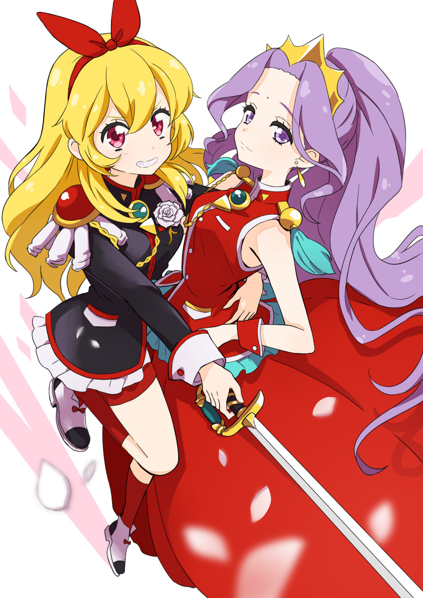 2girls absurdres aiguillette aikatsu! aikatsu!_(series) bike_shorts bindi blonde_hair bow commentary_request cosplay dress earrings epaulettes forehead foreshortening grin hair_bow hairband highres himemiya_anthy himemiya_anthy_(cosplay) hoshimiya_ichigo jewelry kanzaki_mizuki leg_up long_hair multiple_girls ootori_gakuen_school_uniform petals purple_eyes purple_hair rapier red_eyes school_uniform shoujo_kakumei_utena sidelocks smile socks sword tenjou_utena tenjou_utena_(cosplay) tiara ukke very_long_hair weapon