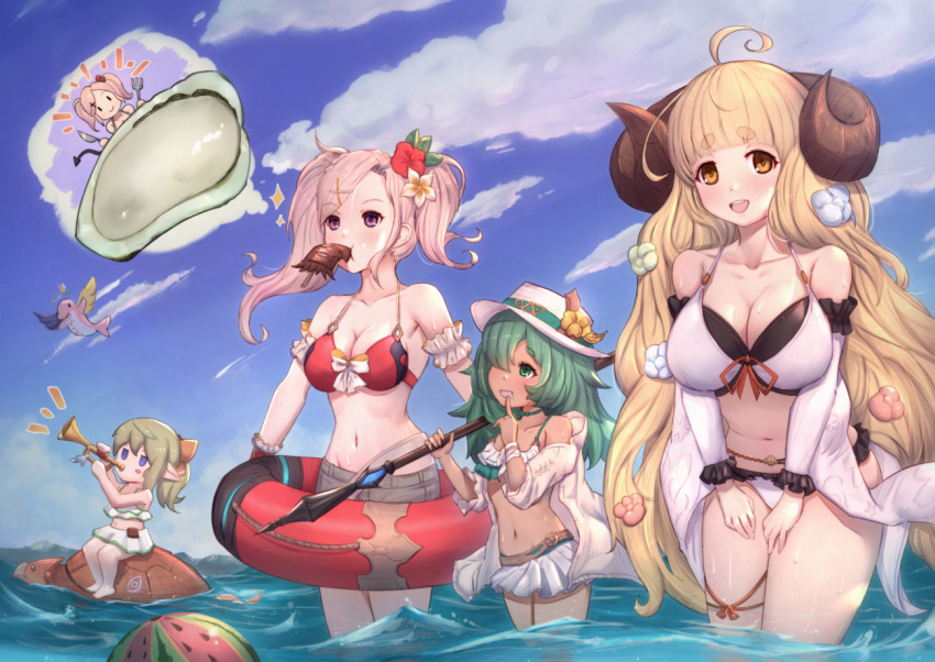 4girls :d ahoge amira_(shingeki_no_bahamut) anila_(granblue_fantasy) arm_cuffs bangs bare_shoulders barefoot bikini bikini_shorts bikini_skirt blonde_hair blue_sky blunt_bangs blush blush_stickers breasts cleavage cloud collarbone commentary cowboy_shot dark_skin day draph eyebrows_visible_through_hair flower flugelhorn food food_in_mouth fruit granblue_fantasy green_eyes green_hair grey_shorts groin hair_between_eyes hair_flower hair_ornament hair_over_one_eye hair_ribbon hairclip hands_on_own_thighs harvin hat holding holding_innertube holding_spear holding_weapon horns innertube instrument jacket jitome kolulu_(granblue_fantasy) large_breasts layered_bikini leaning_forward long_hair looking_at_another looking_at_viewer looking_to_the_side medium_hair midriff mimlememel multiple_girls music navel notice_lines ocean off-shoulder_jacket open_mouth outdoors pink_hair playing_instrument pointy_ears polearm ponytail purple_eyes red_bikini ribbon ribbon-trimmed_bikini sheep_horns short_eyebrows short_shorts shorts sidelocks sitting skirt sky smile sparkle spear standing swimsuit thick_eyebrows thigh_strap thought_bubble tortoise turtle twintails uneg upper_teeth very_long_hair wading watermelon weapon wet white_bikini white_jacket white_skirt wings wrist_cuffs wrist_wrap x_hair_ornament yellow_eyes