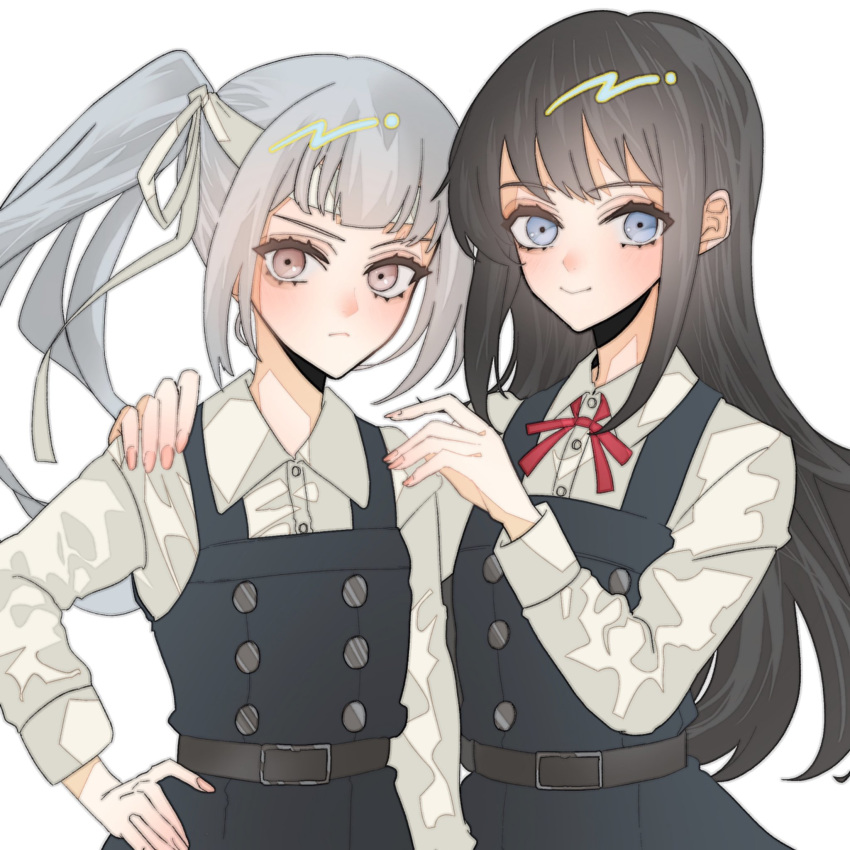 2girls anno88888 asashio_(kantai_collection) bangs belt black_dress black_hair blue_eyes blush brown_eyes closed_mouth dress grey_hair hand_on_another's_shoulder hand_on_hip headband highres kantai_collection kasumi_(kantai_collection) long_hair long_sleeves multiple_girls neck_ribbon pinafore_dress ponytail red_neckwear remodel_(kantai_collection) ribbon shirt side_ponytail simple_background smile upper_body white_background white_shirt