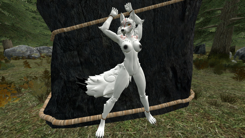 16:9 3d_(artwork) amaterasu anthro arms_tied bdsm black_nose black_tail bondage bound breasts canid canine canis capcom captured deity digital_media_(artwork) female forest fur genitals hands_above_head hi_res legs_tied mammal mesukemolover32 nude outside pussy restrained rock rope rope_bondage sealed solo source_filmmaker submissive submissive_female tree video_games white_body white_fur white_tail widescreen wolf ōkami