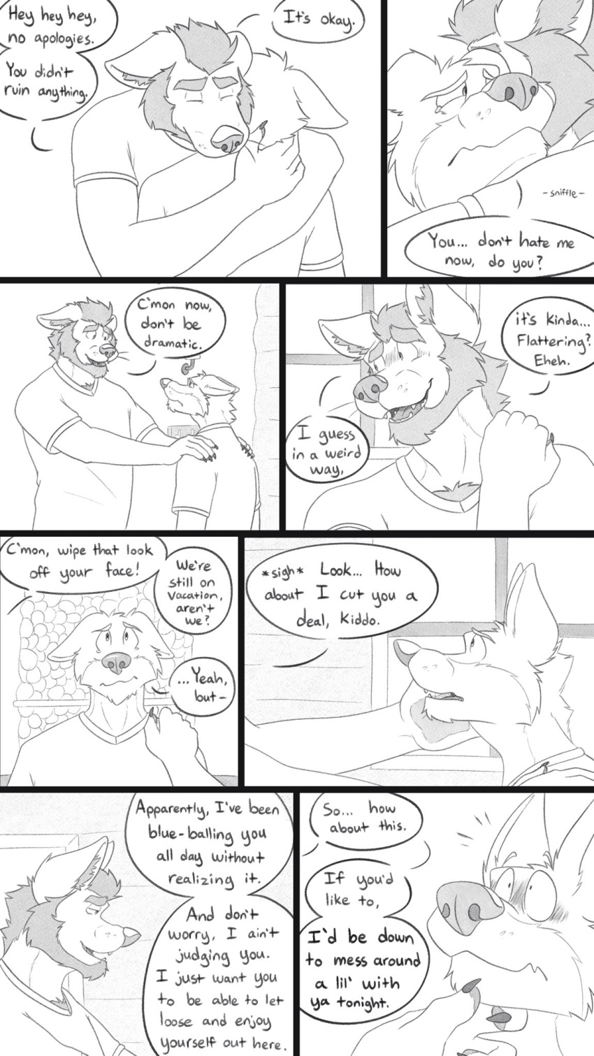 2020 9:16 anthro beard blush bodily_fluids body_hair canid canine canis chest_hair cliff_(unpopularwolf) clothed clothing comic dialogue digital_media_(artwork) duo ears_back ears_down elliot_(unpopularwolf) english_text facial_hair fangs father father_and_child father_and_son fully_clothed hi_res hug male mammal parent parent_and_child pivoted_ears son sound_effects standing tears text unpopularwolf whiskers wolf