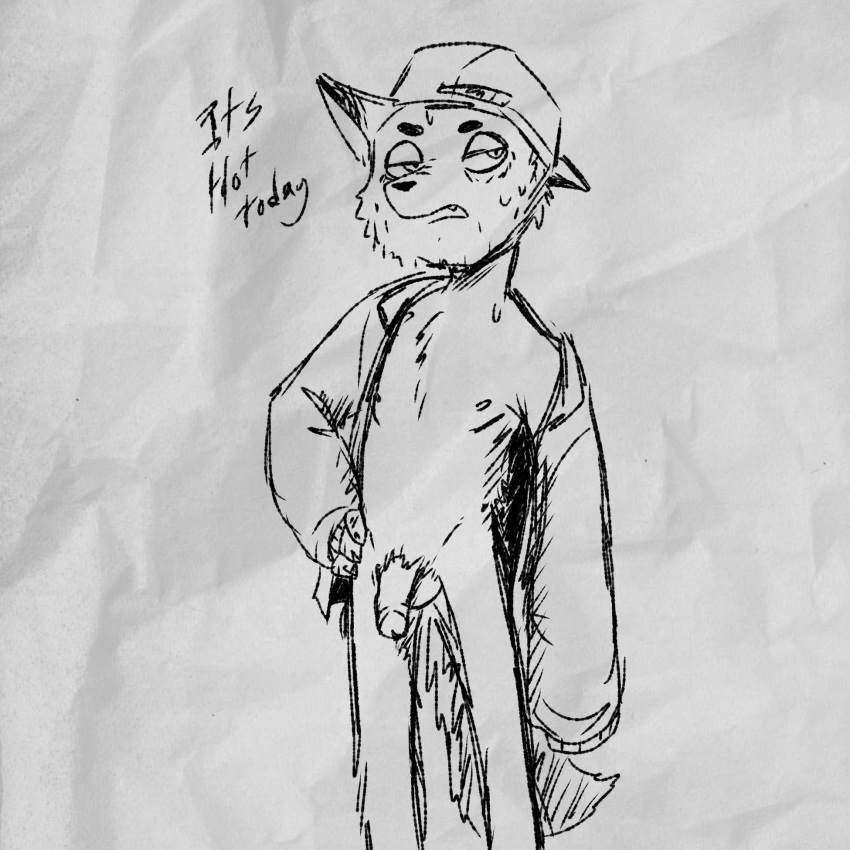 1:1 anthro balls bottomless clothed clothing english_text flaccid genitals graphite_(artwork) hair hat headgear headwear hi_res humanoid life_is_strange male monochrome muffinlewds nipples open_clothing open_shirt open_topwear paper partially_clothed pencil_(artwork) penis shirt short_hair simple_background sketch solo solo_focus standing text topwear traditional_media_(artwork) unknown_character unknown_species