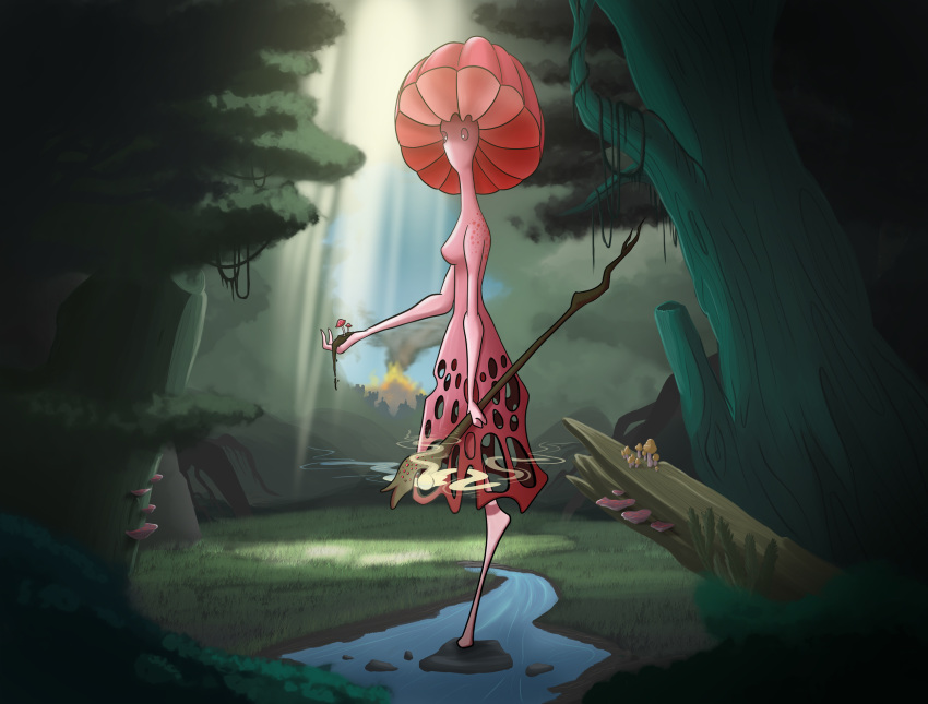 1_leg breasts creek elemental_creature elemental_humanoid forest fungi_fauna fungi_humanoid fungus grass hi_res holding_object humanoid light magic mushroom mushroom_humanoid nature raunchyhaunches staff standing sunlight tree water