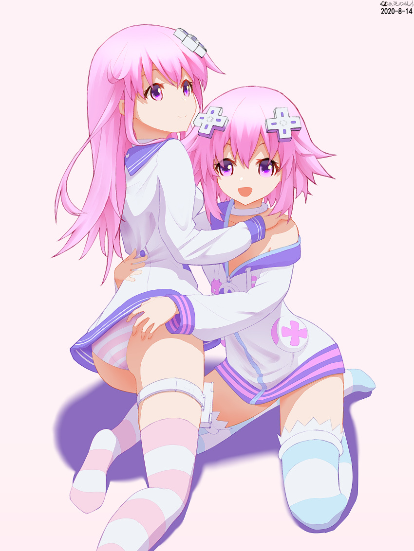 absurdres ass bare_shoulders blue_legwear cowlick d-pad d-pad_hair_ornament dress feet full_body hair_ornament highres hood hoodie hundun_no_bifang leg_belt long_hair nepgear neptune_(series) open_mouth panties pink_legwear pink_panties purple_eyes purple_hair sailor_dress short_hair smile socks underwear