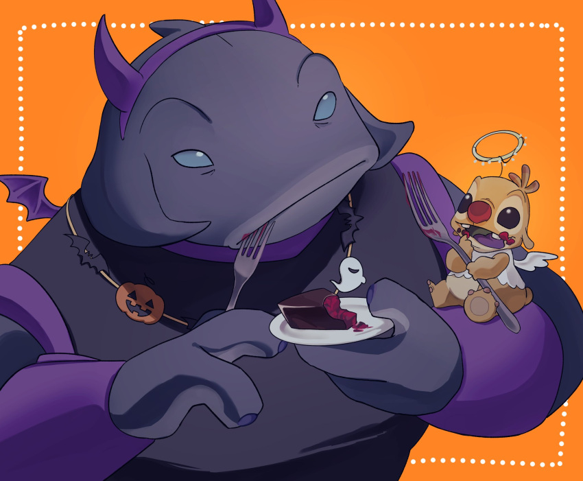 2025 3_toes alien alien_humanoid antennae_(anatomy) anthro biped black_eyes blue_eyes cake clothing costume cutlery dessert dipstick_antennae disney duo eating experiment_(lilo_and_stitch) eye_contact fake_halo fake_horns feet food fork gantu grey_body grey_skin halloween halloween_costume hi_res holding_plate holidays humanoid jewelry kitchen_utensils lilo_and_stitch looking_at_another male multicolored_antennae necklace open_mouth orange_background plate purple_tongue red_nose reuben_(lilo_and_stitch) simple_background size_difference small_tail tail toes tongue tools yellow_body zunda_d2002