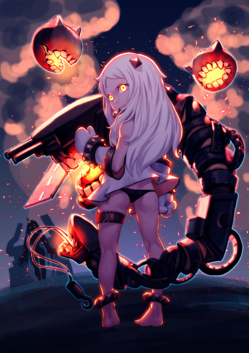 1girl absurdres ass bare_shoulders barefoot black_panties child dress dress_lift embers fire from_behind full_body glowing glowing_eyes highres horns kantai_collection long_hair looking_at_viewer looking_back northern_ocean_hime outdoors panties road shinkaisei-kan short_dress solo_focus teeth thigh_strap twintails underwear white_dress white_hair white_skin wind wind_lift xue_qi_ye_(dndtmbdue)