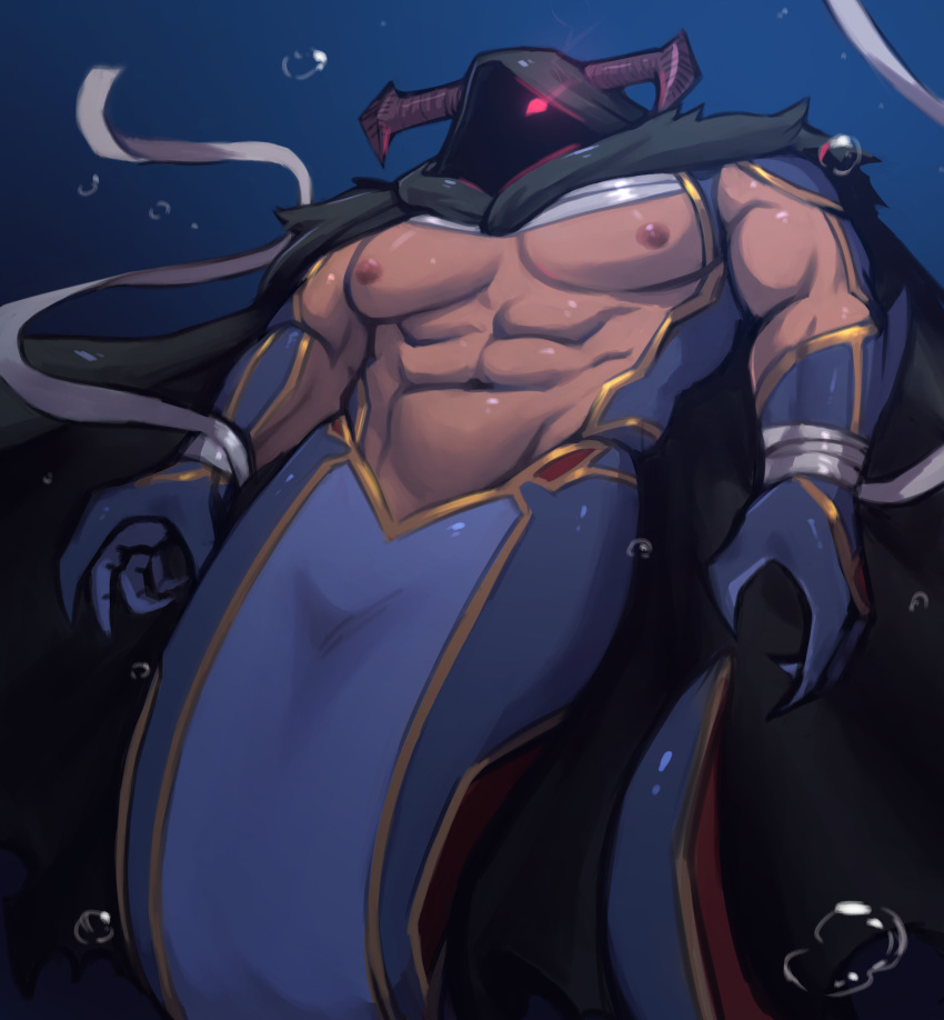 1boy abs absurdres alternate_costume alternate_design bandages bara cape chest draph fingernails fins fishman glowing glowing_eye granblue_fantasy helmet highres horns male_focus merman monster_boy muscle navel nipples pectorals sharp_fingernails shirtless solo underwater vaseraga vaseragasnut water