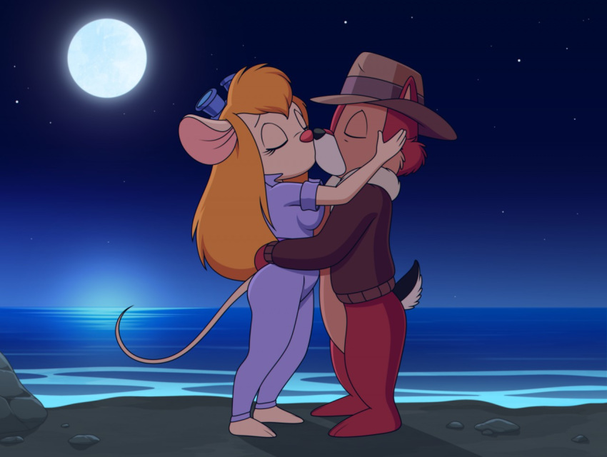 anthro beach bottomless chip_'n_dale_rescue_rangers chip_(disney) chipmunk clothed clothing disney duo embrace eyes_closed fedora female gadget_hackwrench ground_squirrel hat headgear headwear jacket kissing light male male/female mammal moonlight mouse murid murine night rodent sciurid seaside sfan topwear