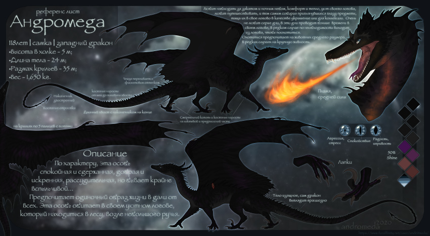 2020 absurd_res andromeda black_body black_scales breath_powers digital_media_(artwork) dragon elemental_manipulation fan_character female feral fire fire_breathing fire_manipulation hi_res horn melanistic model_sheet open_mouth reptile russian_text scales scalie solo text western_dragon wings